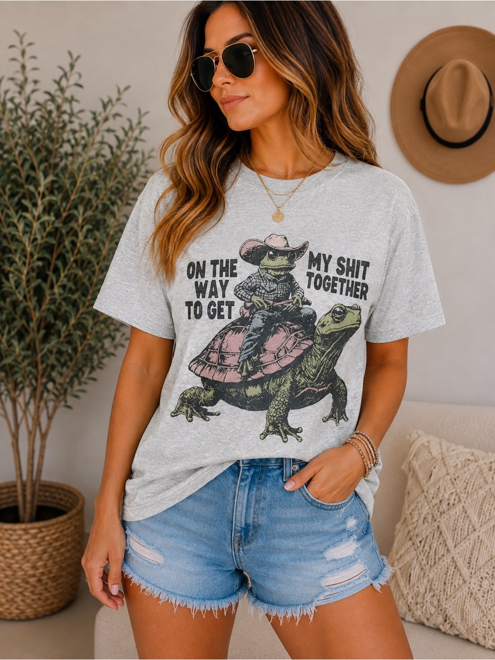 ‘Get My Shit Together’ Turtle Cowboy Graphic Tee - Ash Grey